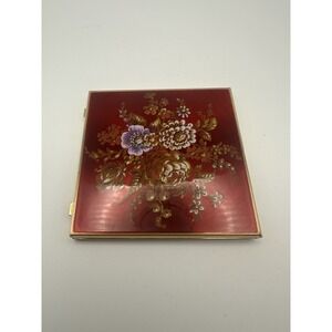 Stratton Vintage Mini-Mirror Compact Red Enamel Floral Made in England Square